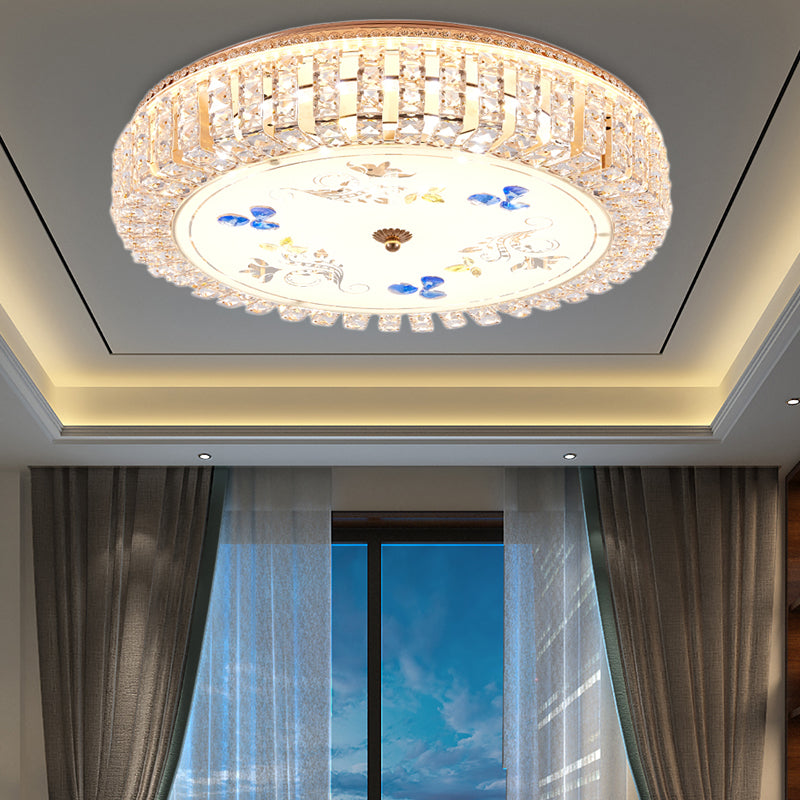 Golden Drum Flushmount Lighting: Modern Crystal and Glass Multi Light Ceiling Lamp (16