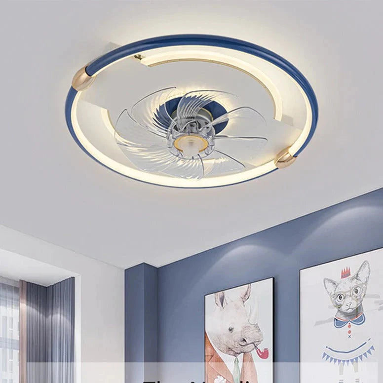 Ceiling fan light with a blue circular light surround and clear central fan blades
