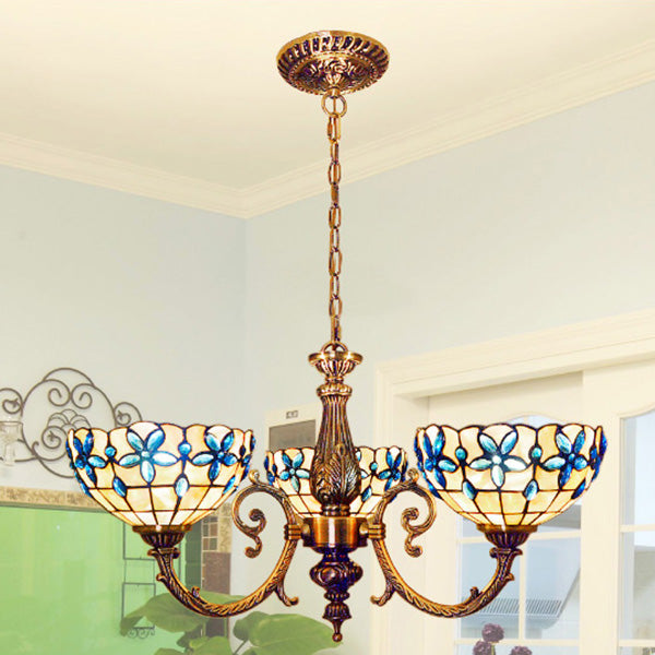 Floral Stained Glass Inverted Chandelier with Chain in Red/Blue for Vintage Bedroom Decor