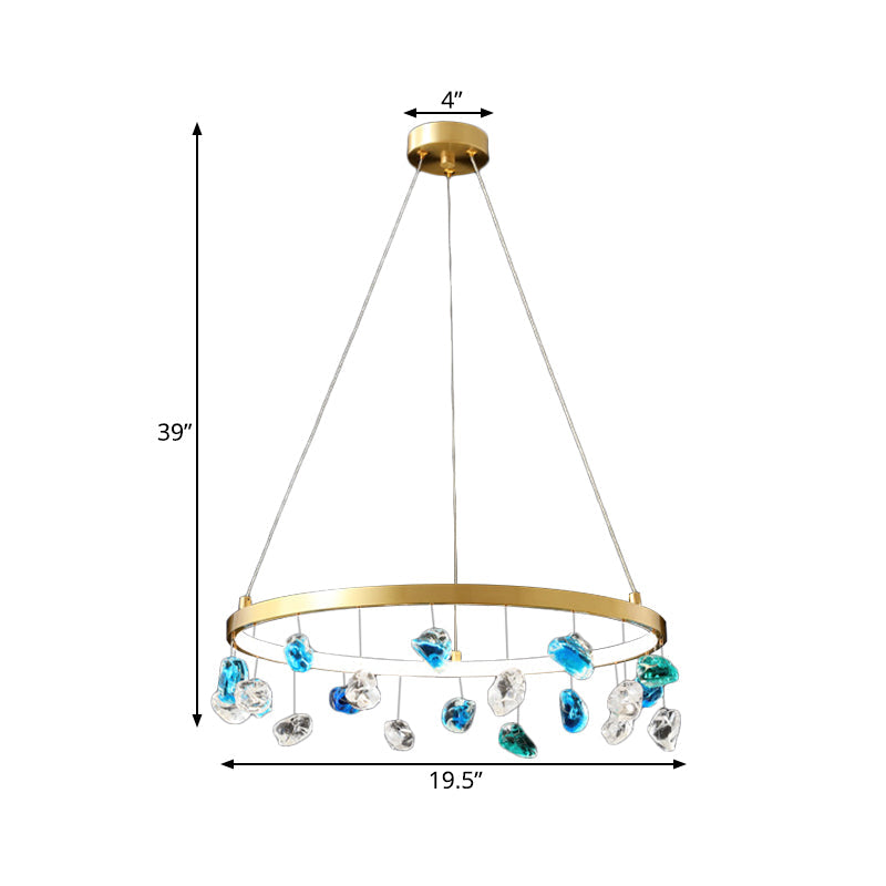 Gold LED Chandelier with Colored Gem Droplet - Mid Century Circle Pendant Lighting, 16