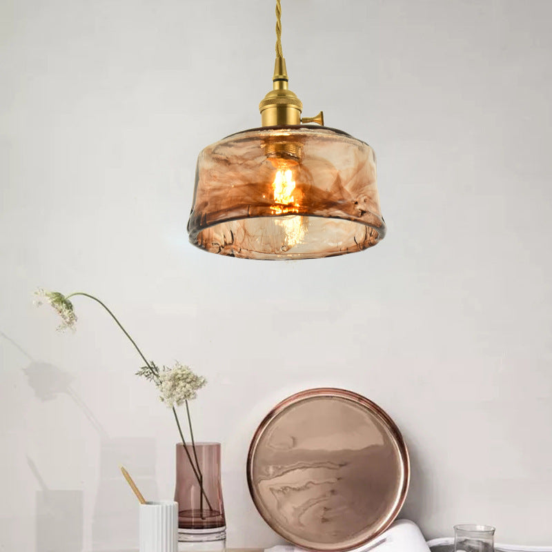 Lámpara de péndulo para sala de estar con 1 bombilla de vidrio color canela hecho a mano vintage con forma de gota sombreada de latón