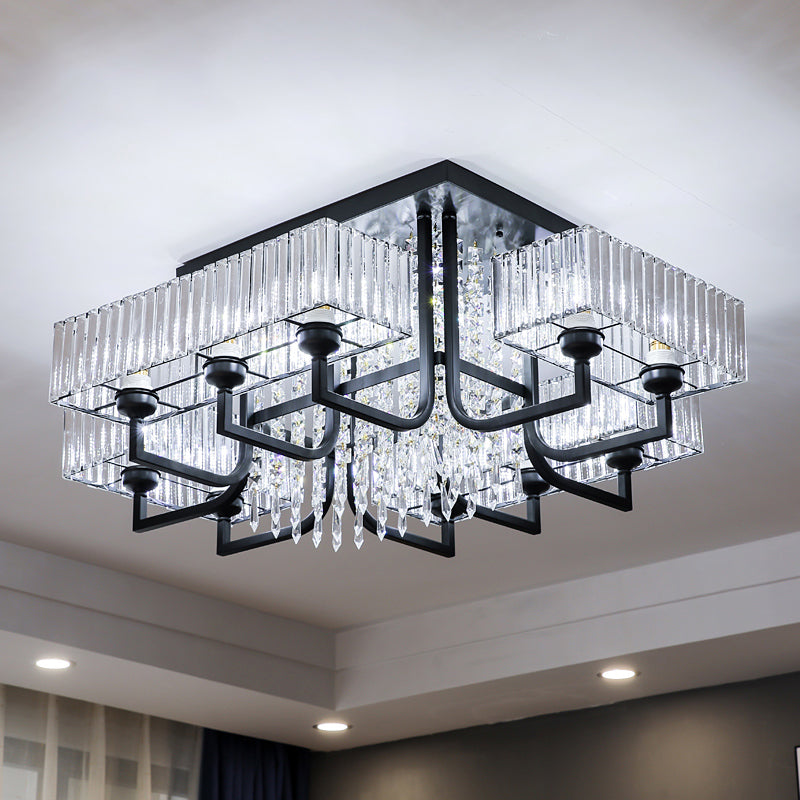Lámpara de techo semiempotrada negra con cristal prismático para sala de estar - Lámpara de techo rectangular contemporánea