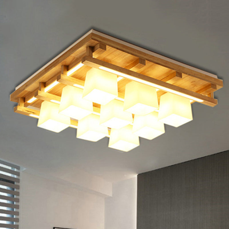 Modernist Wood Square Flush Mount Lighting with 1/4/9 Brown LED Lights and White Glass Cubic Shade in White/Warm Light
