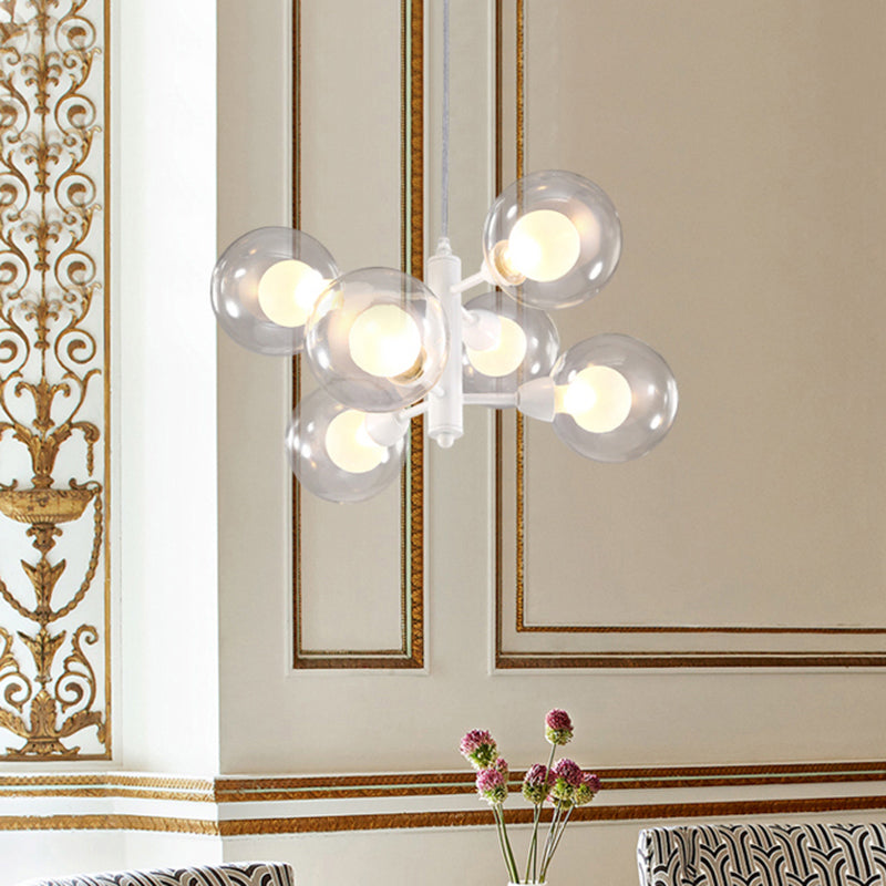 Globe Dining Room Chandelier - Modern LED Hanging Ceiling Light in White - 3/6/9 Clear Glass Lights