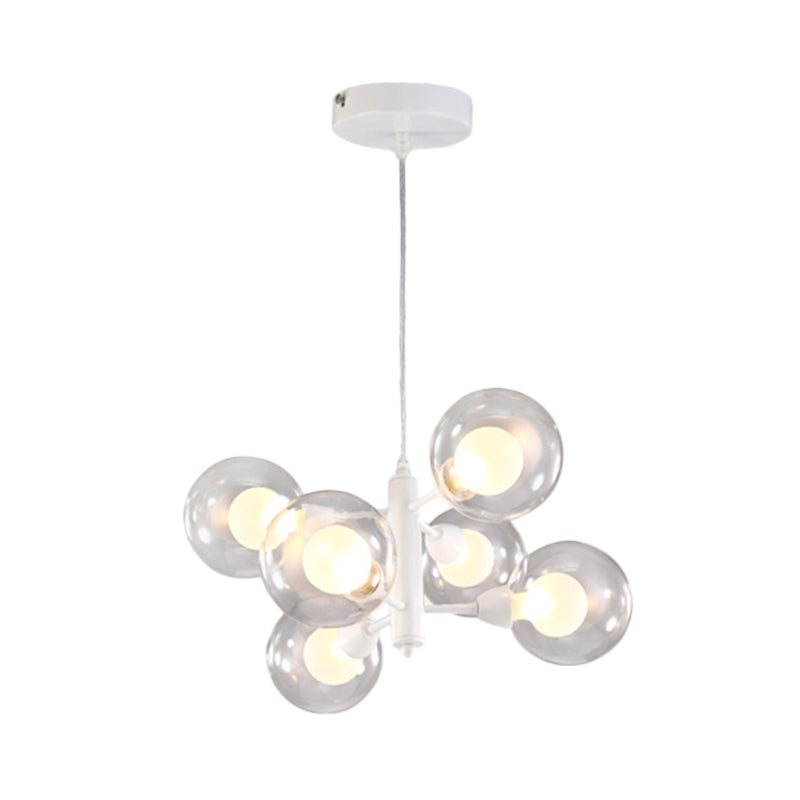 Globe Dining Room Chandelier - Modern LED Hanging Ceiling Light in White - 3/6/9 Clear Glass Lights