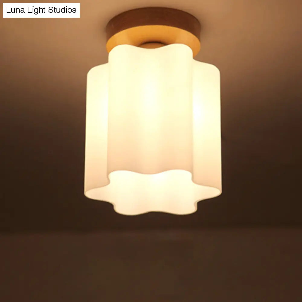 Minimalizm 1-żarówkowa drewniana lampa sufitowa do montażu podtynkowego na korytarz - mleczno-szklana pryzmatyczna lampa sufitowa z motywem kwiatowym