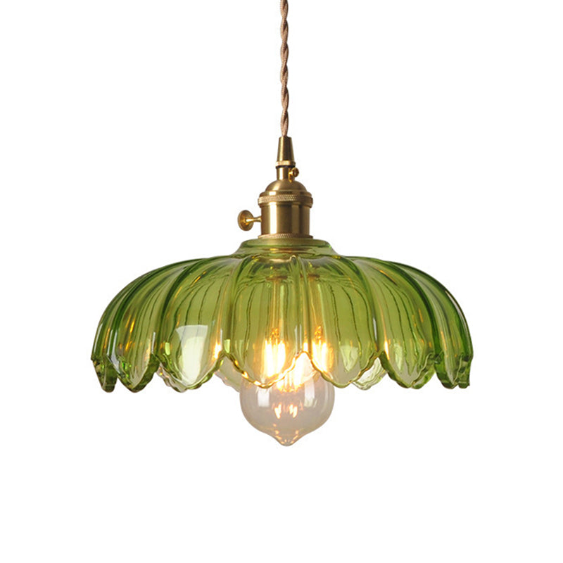 Lampadario a sospensione retrò con paralume smerlato in vetro verde, lampada da soffitto a sospensione da cucina aperta con 1 lampadina in ottone