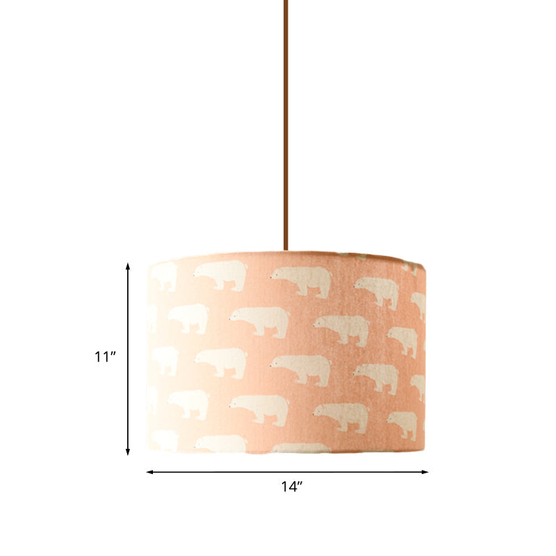Luminaire suspendu tambour en tissu imprimé nordique – 1 lumière, éclairage à suspension blanc avec motif plume/oiseau/arbre