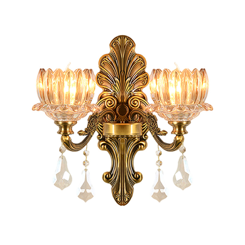 Vintage-Wandleuchte aus Messing mit klarem Glasschirm – Mid-Century-Blumendesign, 1/2-flammige Wandleuchte