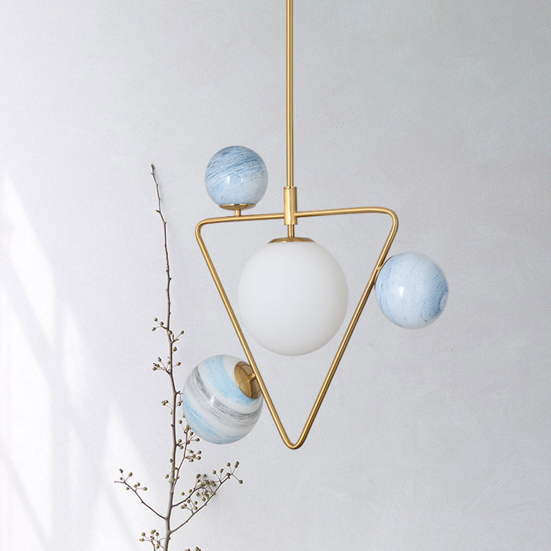 Mid Century Gold Pendant Chandelier with Triangle Iron Frame and Orb Colored Glass Shade