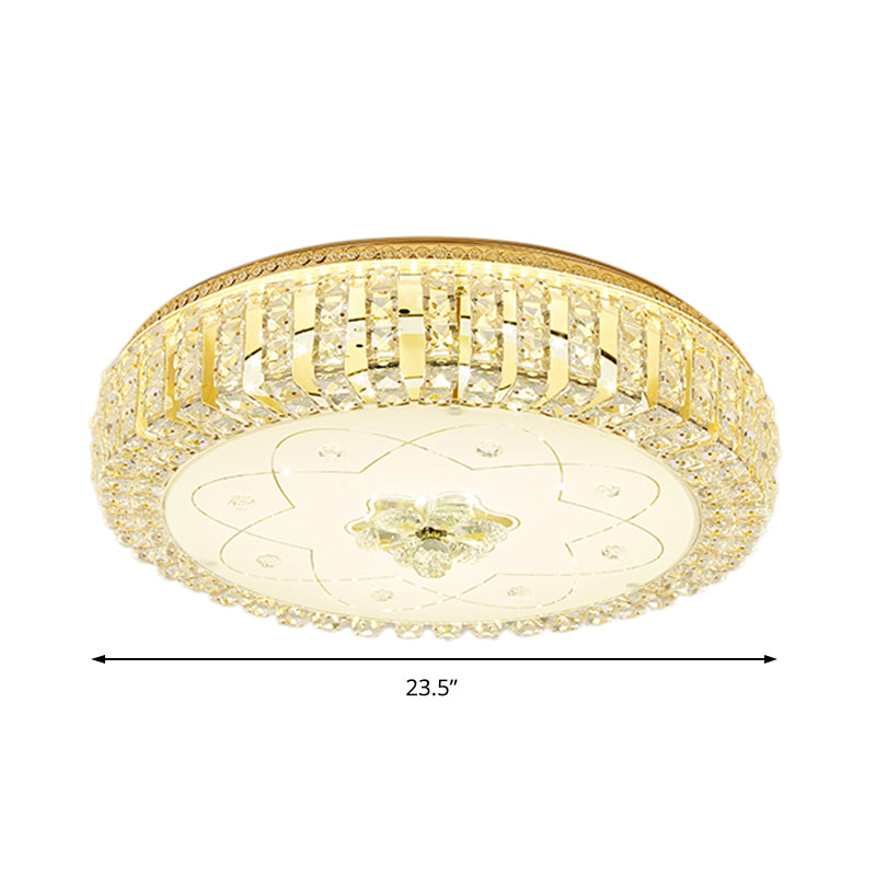 Golden Drum Flushmount Lighting: Modern Crystal and Glass Multi Light Ceiling Lamp (16