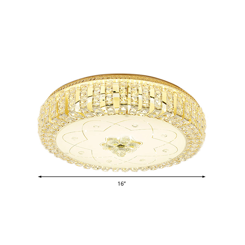 Golden Drum Flushmount Lighting: Modern Crystal and Glass Multi Light Ceiling Lamp (16