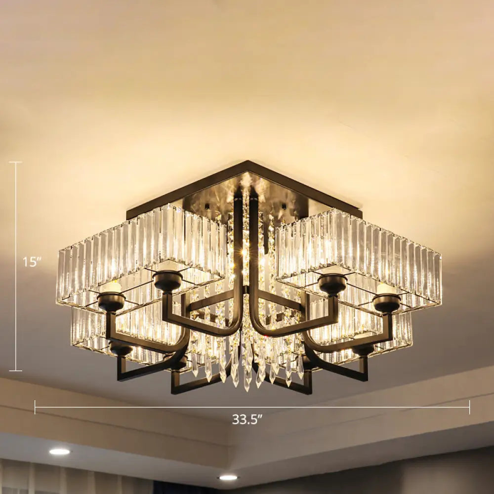 Lámpara de techo semiempotrada negra con cristal prismático para sala de estar - Lámpara de techo rectangular contemporánea