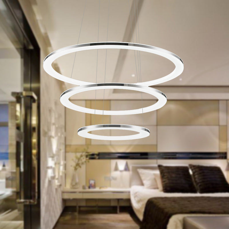 Contemporary LED Acrylic Round Ceiling Pendant Chandelier - 1/2/3-Head Silver - Warm/White Light