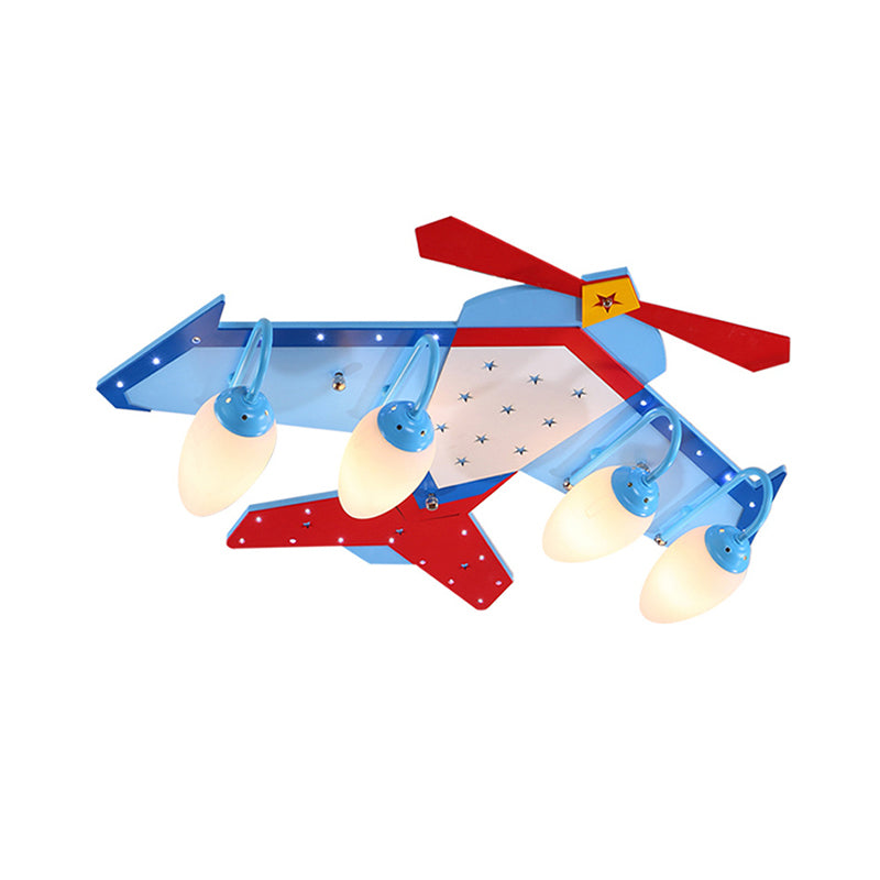 Lámpara de techo empotrada en color azul para niños con pantalla de cristal color crema ovalada, lámpara de techo empotrada en forma de plano de madera con acabado de madera