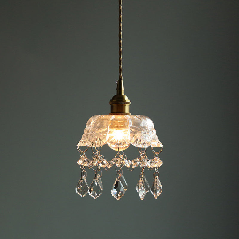 Lampa wisząca z przezroczystego szkła w kształcie kwiatu w stylu vintage z kryształkami w kształcie łezki