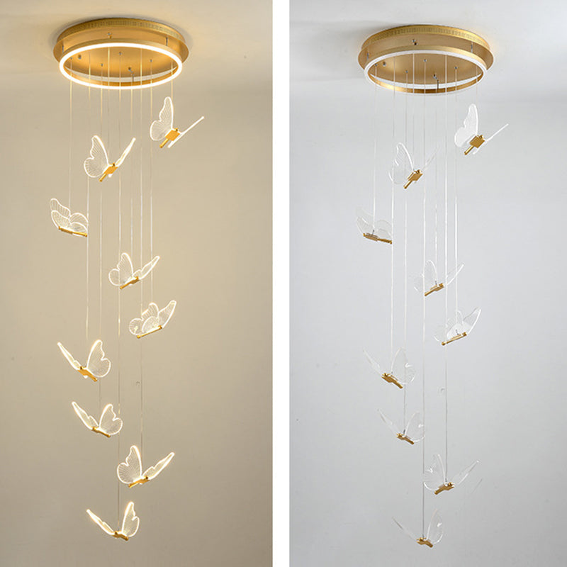 Schmetterlings-Wendeltreppen-Deckenbeleuchtung, Acryl, moderne LED-Mehrlicht-Pendelleuchte in Gold