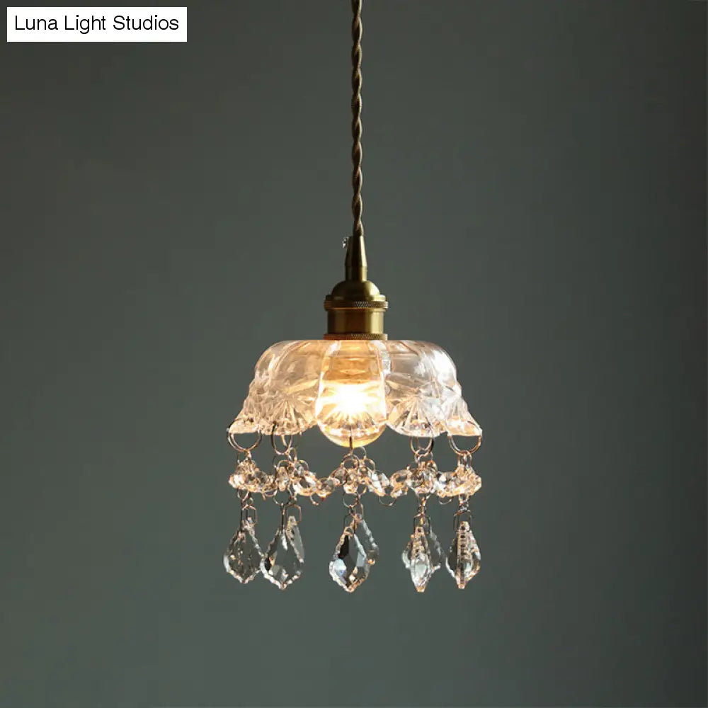 Lampa wisząca z przezroczystego szkła w kształcie kwiatu w stylu vintage z kryształkami w kształcie łezki
