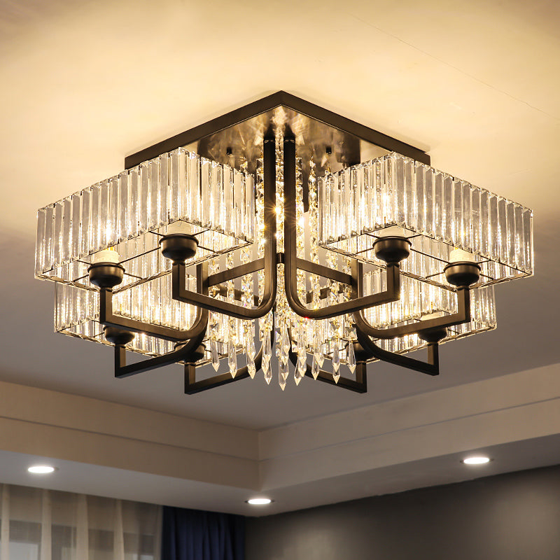 Lámpara de techo semiempotrada negra con cristal prismático para sala de estar - Lámpara de techo rectangular contemporánea