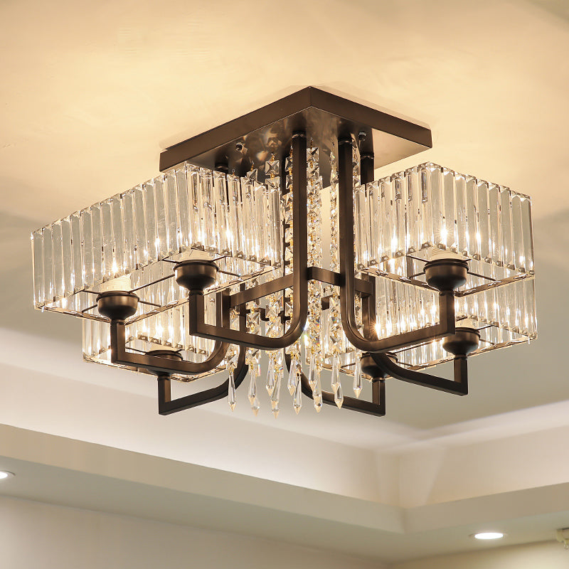 Lámpara de techo semiempotrada negra con cristal prismático para sala de estar - Lámpara de techo rectangular contemporánea