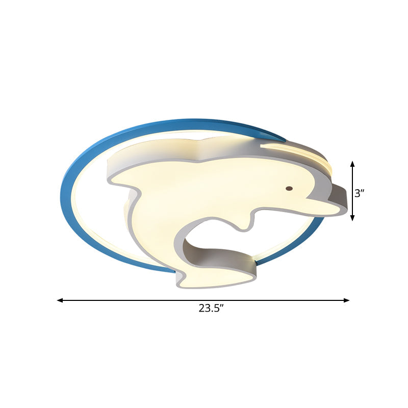 Kids LED Blue Dolphin Ceiling Light Fixture with Warm/White Light, Acrylic Shade, Flush Mount, 18