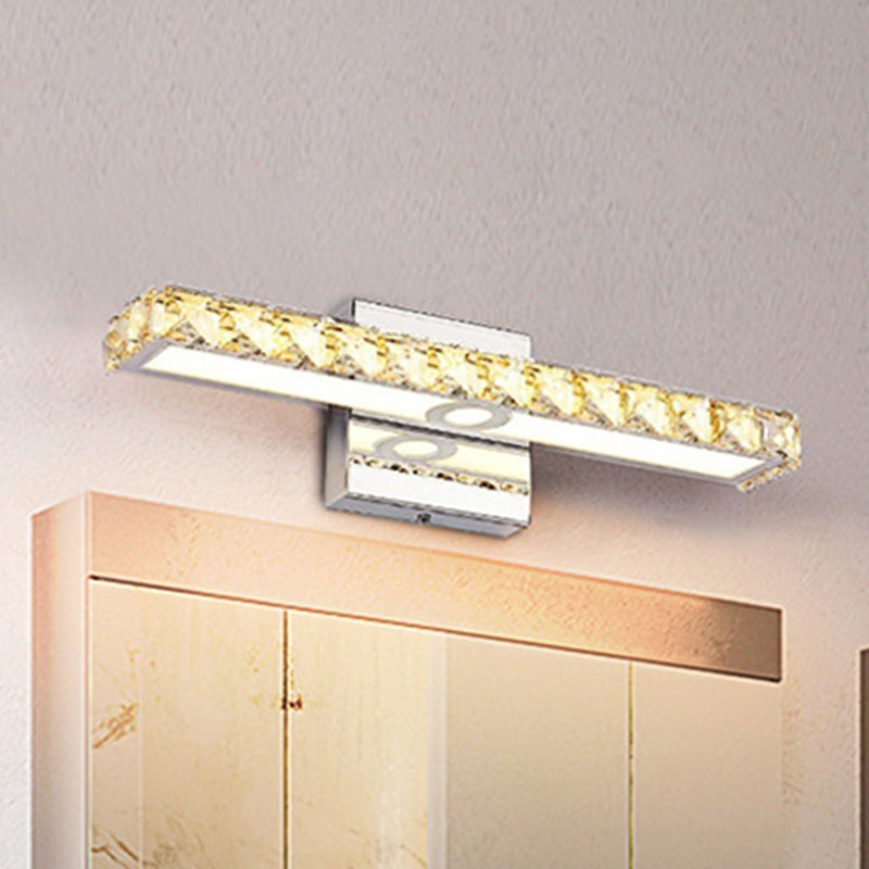 Lámpara de tocador de cristal moderna: aplique de pared lineal plateado/champán con 1 luz en blanco cálido/blanco para baño