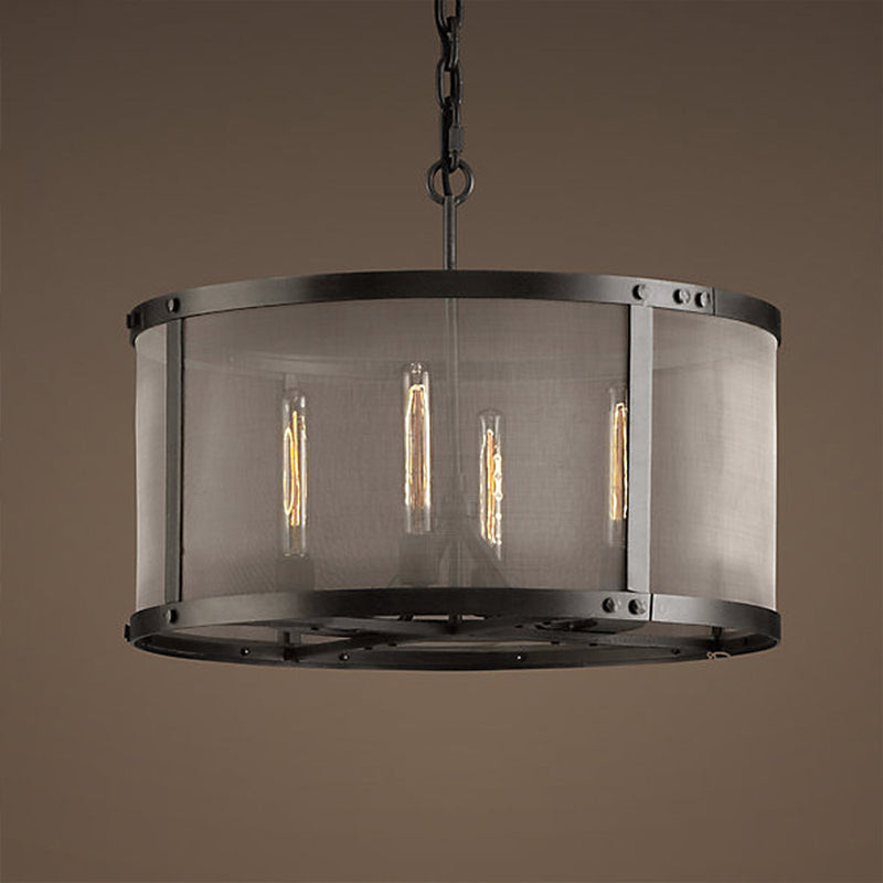 Lampadario a sospensione per tavolo da pranzo Drum, lampadario in metallo a 4/8 luci, lampadario nero con schermo a rete