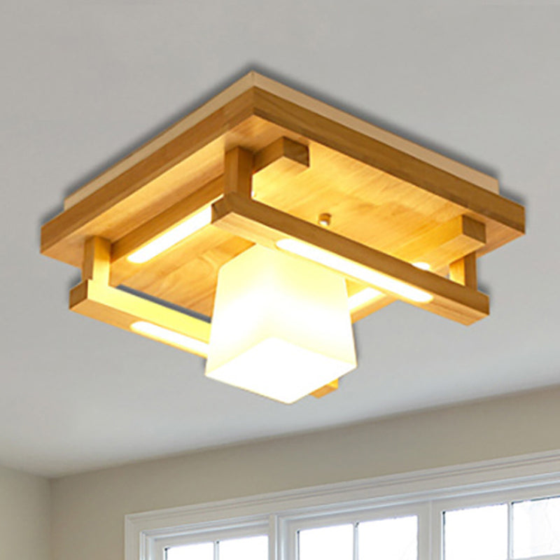 Modernist Wood Square Flush Mount Lighting with 1/4/9 Brown LED Lights and White Glass Cubic Shade in White/Warm Light