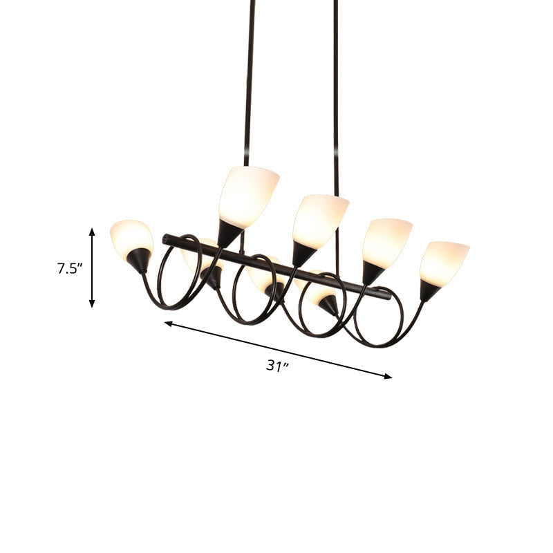 Vintage Black Cup Chandelier Light - 6/8/10 Lights, White Glass, LED Pendant Lamp with Linear Design