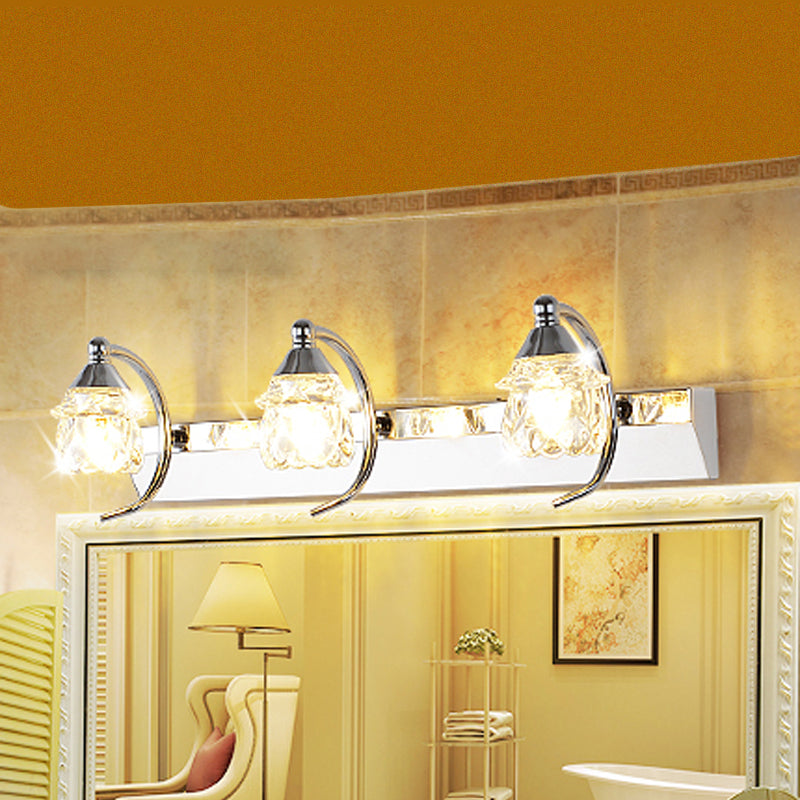 Moderne paddenstoel make-upspiegellamp - helder kristal 3-lichts badkamerwandlamp in zilver met gebogen arm - warm/wit licht