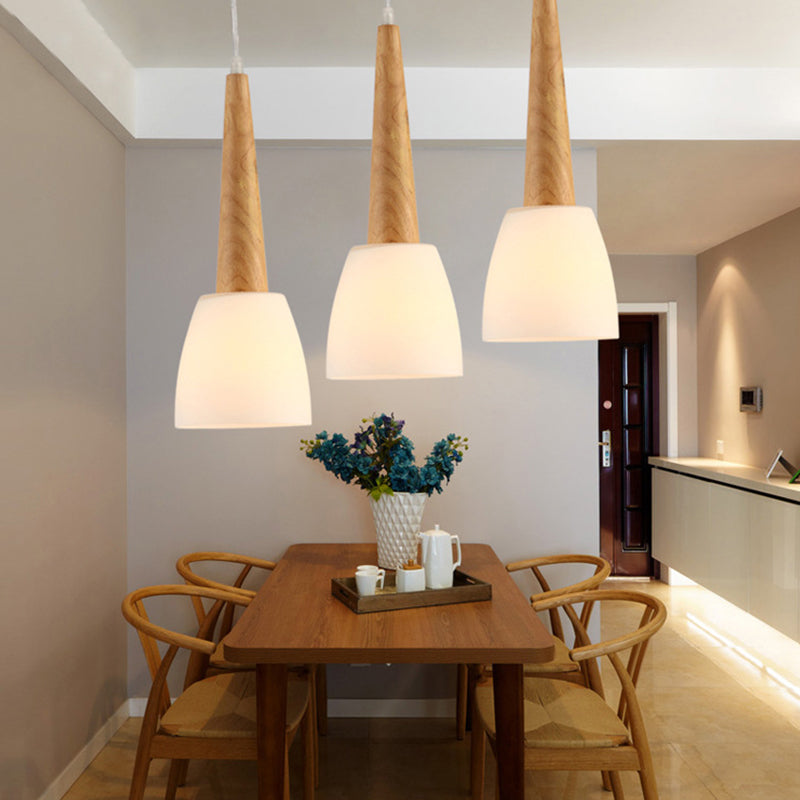 Nordic Wood Pendant Light for Kitchen Dinette with Milk Glass Shade and Handle