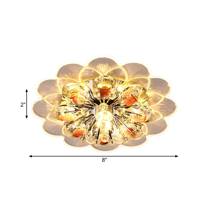 Plafonnier LED floral moderne à encastrer avec cristal biseauté en rouge pour porche, avec options de lumière rose, blanche et chaude.