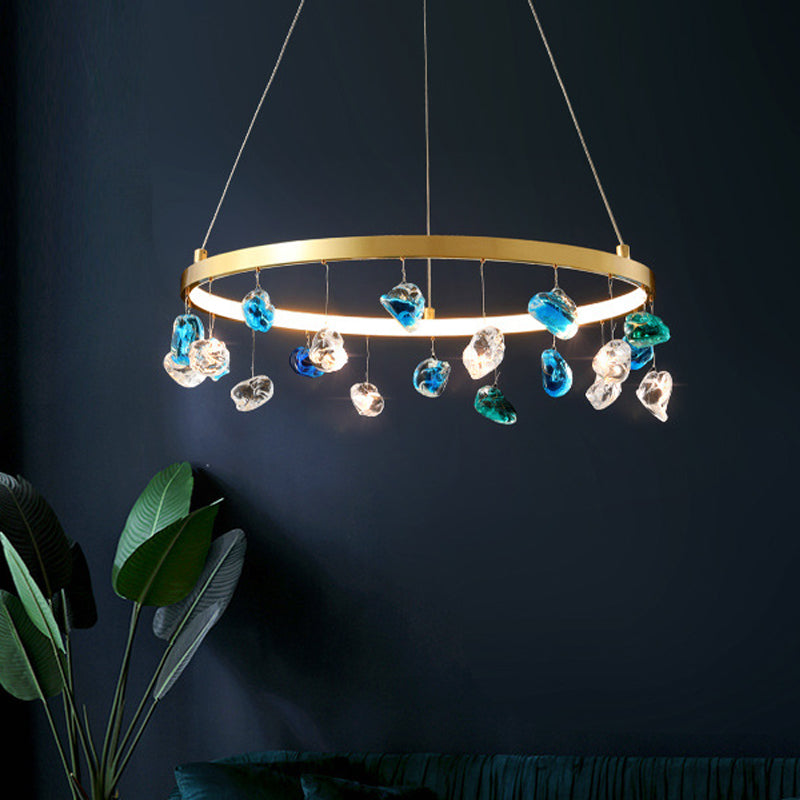 Gold LED Chandelier with Colored Gem Droplet - Mid Century Circle Pendant Lighting, 16