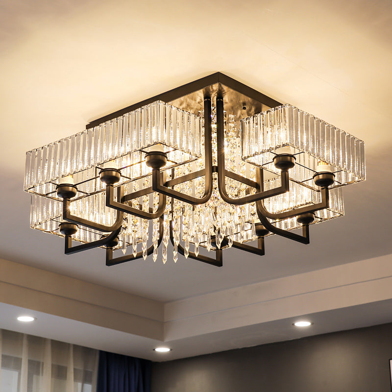 Lámpara de techo semiempotrada negra con cristal prismático para sala de estar - Lámpara de techo rectangular contemporánea