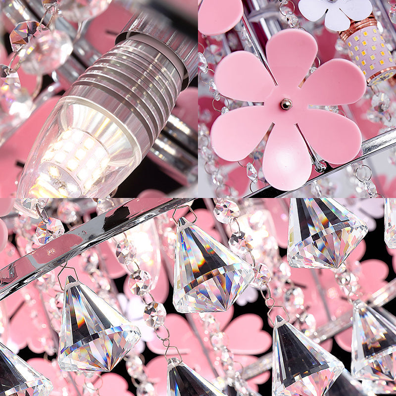 Modern Crystal Drop LED Drum Ceiling Light Fixture with Pink Flower Decoration, 18