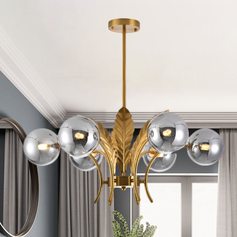 Lampadario a sfera a soffitto Simplicity in vetro bianco/rosa/cognac a 6 luci per soggiorno, lampadario a sospensione a LED con decorazioni a foglie