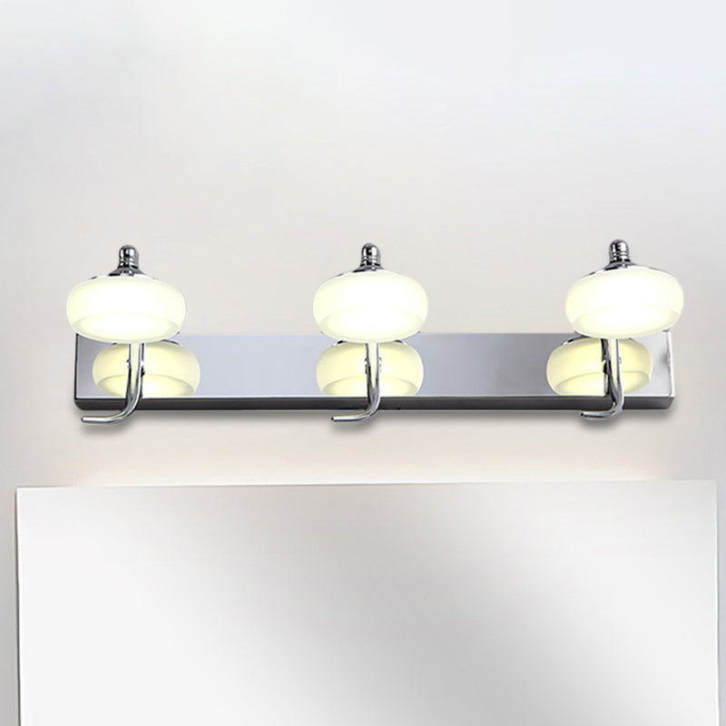 Lámpara de pared plateada de estilo modernista con pantalla acrílica esmerilada redonda, 2/3 cabezales, iluminación blanca/cálida - Luz de tocador de baño