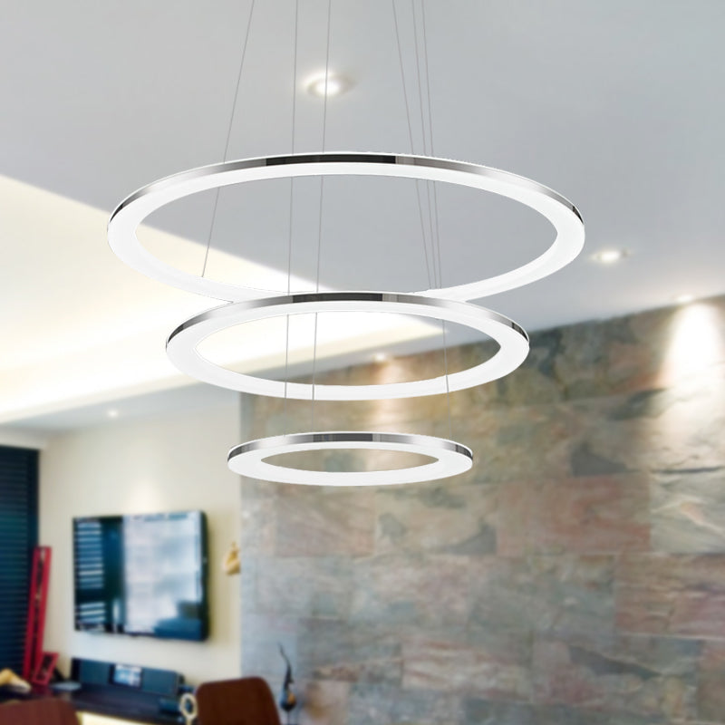 Contemporary LED Acrylic Round Ceiling Pendant Chandelier - 1/2/3-Head Silver - Warm/White Light