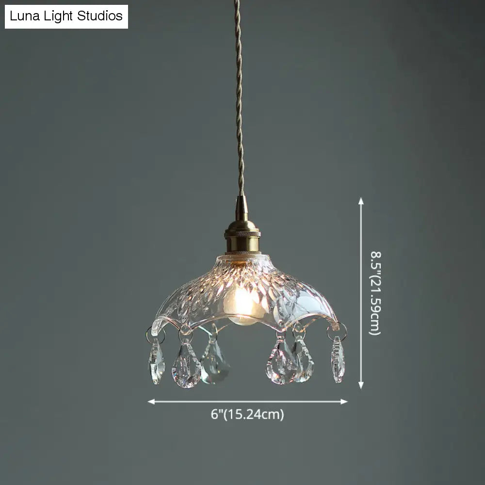 Lampa wisząca z przezroczystego szkła w kształcie kwiatu w stylu vintage z kryształkami w kształcie łezki