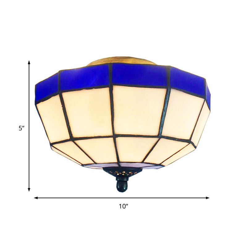 Lámpara empotrada de vitral estilo Tiffany azul y blanco para vestíbulo - Lámpara de techo empotrada en forma de cuenco, 1 luz