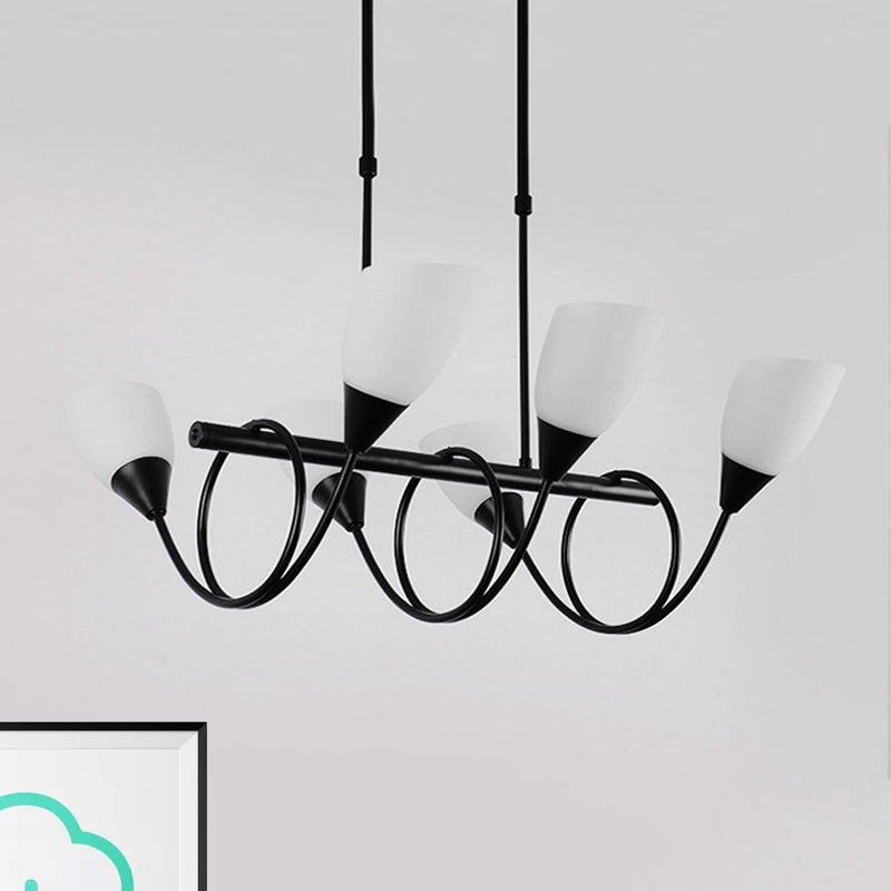 Vintage Black Cup Chandelier Light - 6/8/10 Lights, White Glass, LED Pendant Lamp with Linear Design