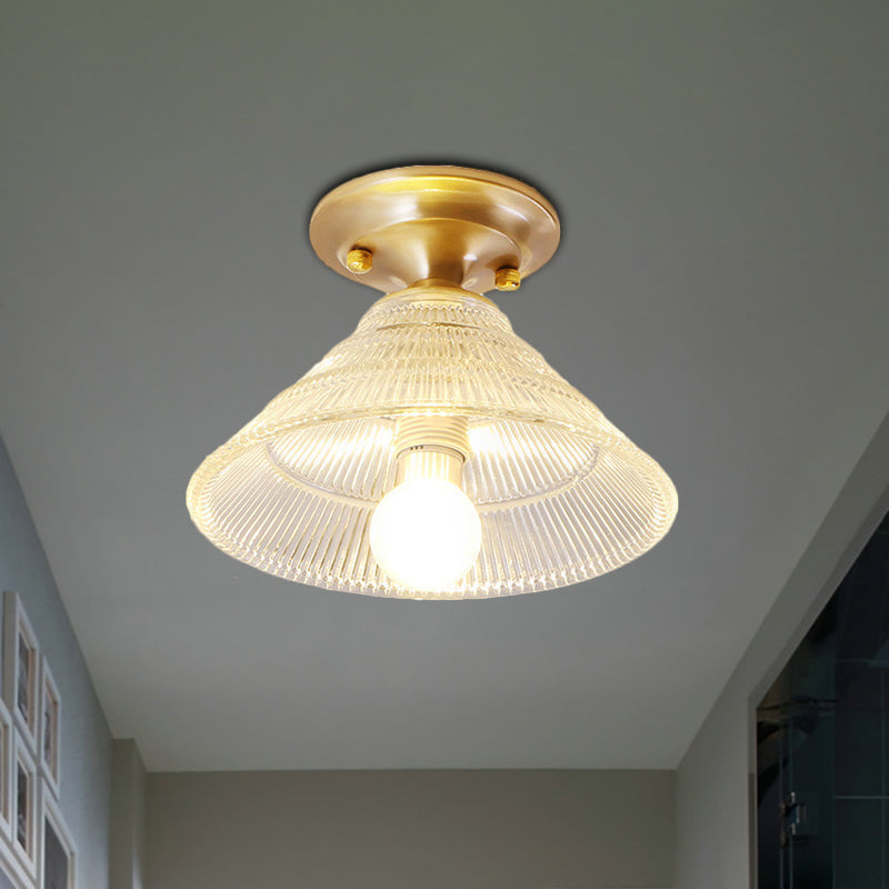 Colonial Brass Clear Ribbed Glass Flush Mount Light - 7.5