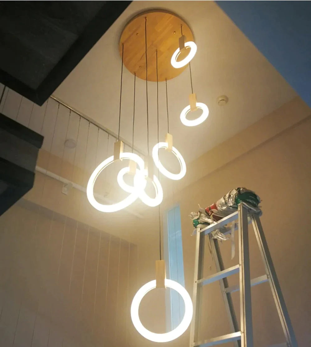 Anillos de acrílico de hierro de madera nórdico LED, lámpara LED DIY, luz LED, luces colgantes, lámpara colgante, luz colgante para vestíbulo de comedor