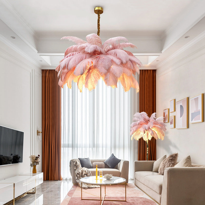 Lampadario da soffitto moderno nordico a 5 luci con piume di struzzo per camera da letto