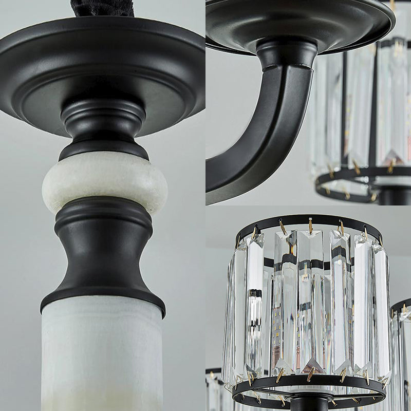 Mid Century Crystal Cylinder Chandelier: Black Hanging Light Kit with Adjustable Rope & 3/6 Bulbs