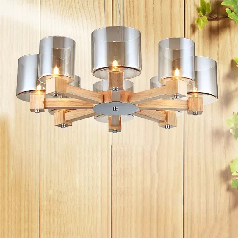 Industrial Wood Cylinder Chandelier with Radial Design - 4/6/8 Lights, Amber Glass Hanging Pendant Lamp