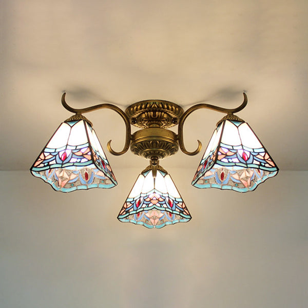 Stained Glass Vintage Ceiling Light - 3-Light Semi Flushmount in Beige/Yellow/Purple/Clear/Blue-Pink/Blue-White/Green-White - Perfect for Bedroom