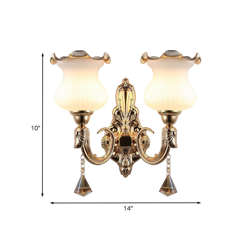 Lampada da parete da comodino in vetro opale a forma di zucca - Lampada da parete in oro di metà secolo con 2 lampadine