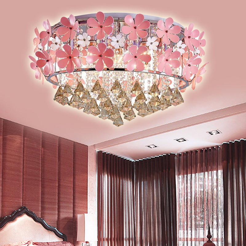 Modern Crystal Drop LED Drum Ceiling Light Fixture with Pink Flower Decoration, 18
