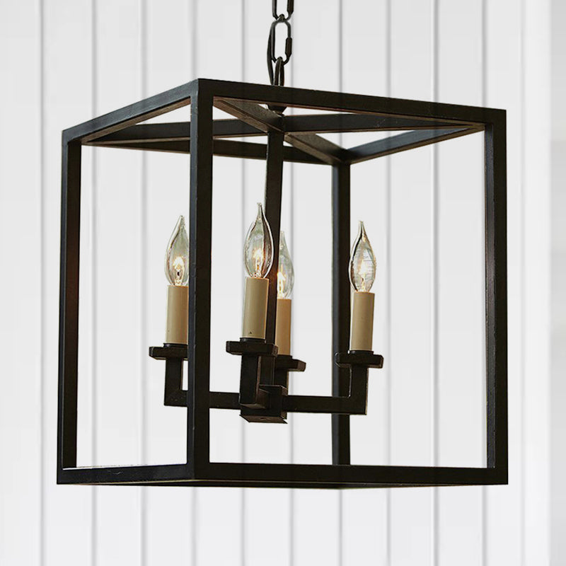 Vintage 4-Light Cubic Chandelier with Cage Shade - Small Black Metal Hanging Lamp for Bathroom Lighting